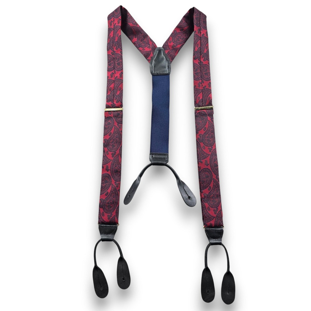 CAS W. Germany Paisley Suspenders Burgundy Navy Button End Y-Back Adjustable OS